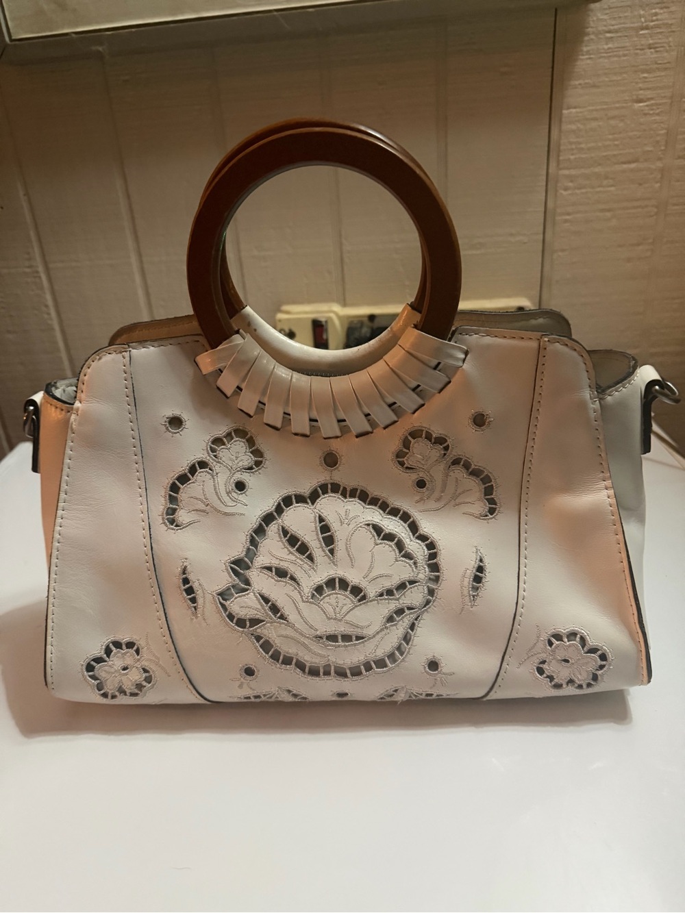 Patricia Nash White Floral Cutout Leather Handbag with Wood Handle